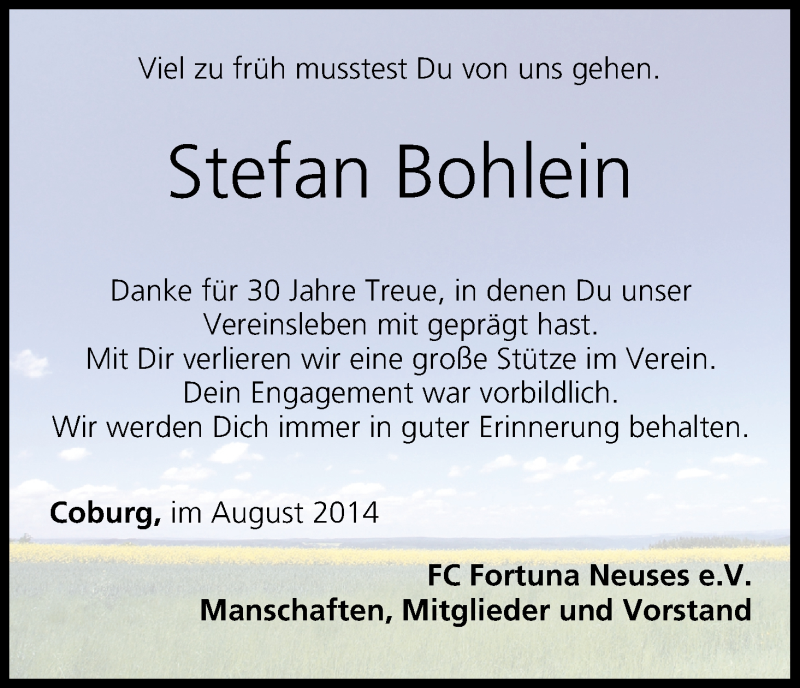  Traueranzeige für Stefan Bohlein vom 16.08.2014 aus MGO