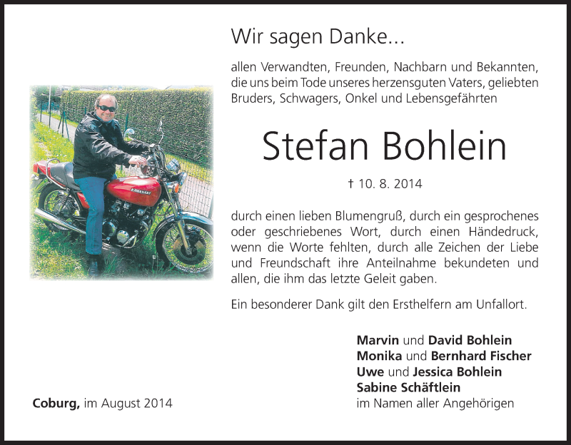  Traueranzeige für Stefan Bohlein vom 23.08.2014 aus MGO
