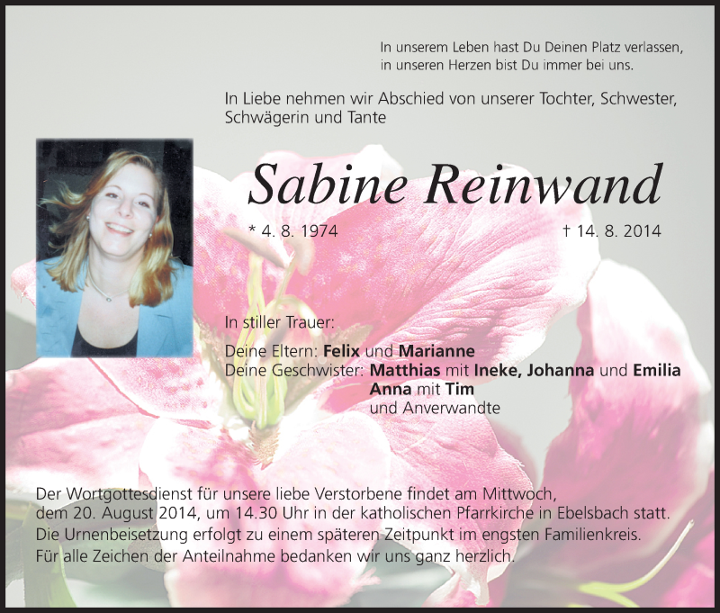 Traueranzeige für Sabine Reinwand vom 18.08.2014 aus MGO