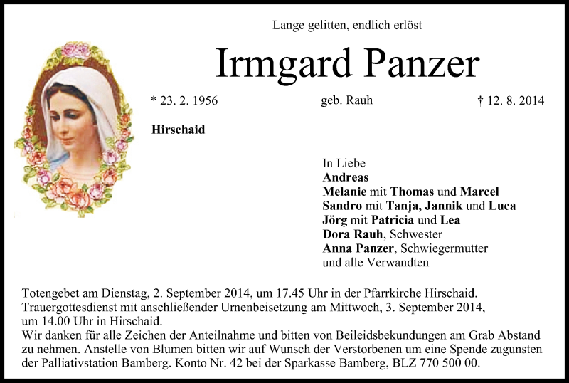  Traueranzeige für Irmgard Panzer vom 30.08.2014 aus MGO