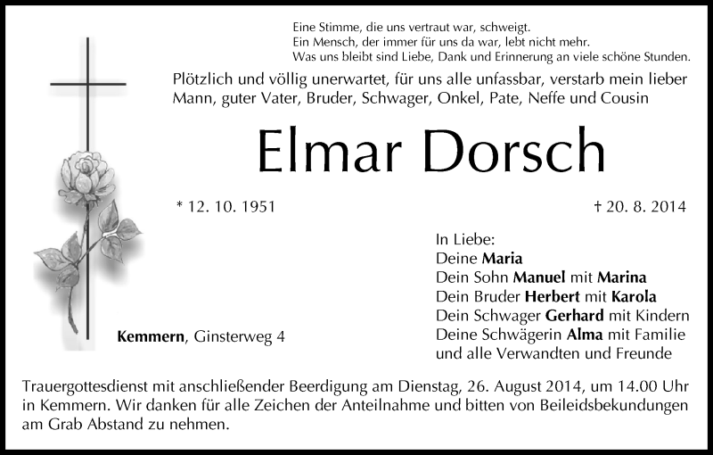  Traueranzeige für Elmar Dorsch vom 22.08.2014 aus MGO