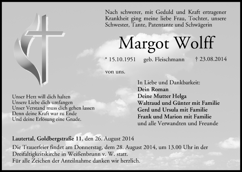  Traueranzeige für Margot Wolff vom 26.08.2014 aus MGO