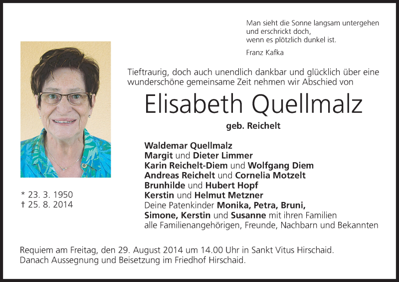  Traueranzeige für Elisabeth Quellmalz vom 27.08.2014 aus MGO