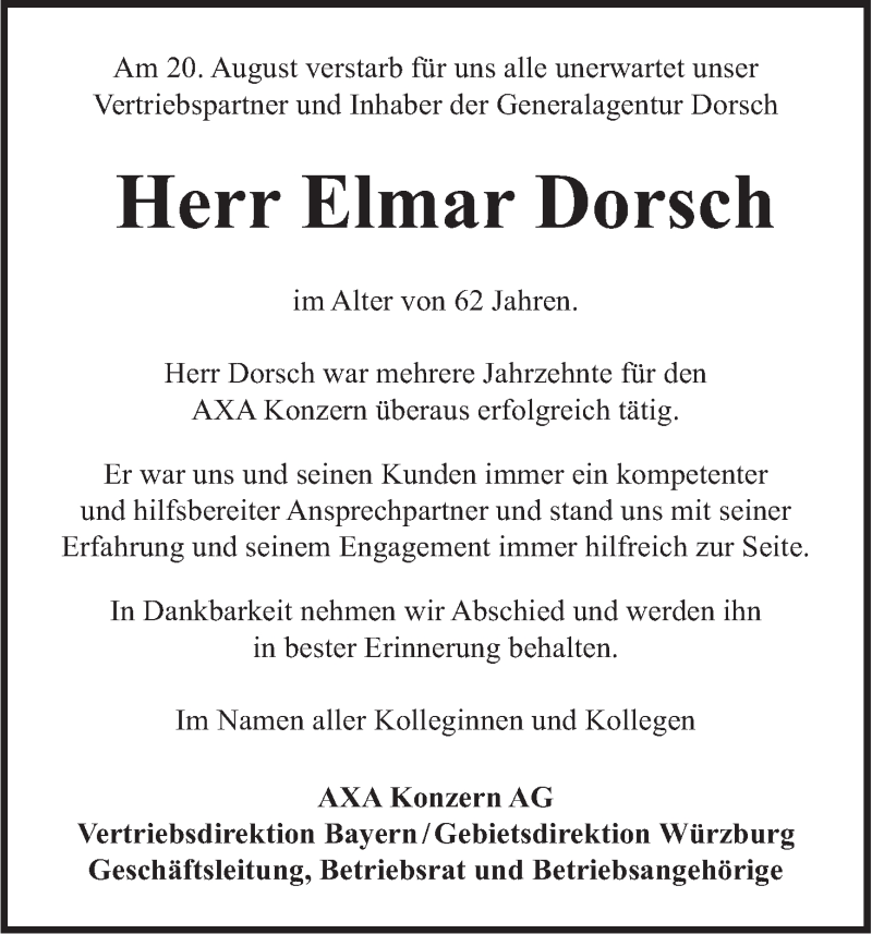  Traueranzeige für Elmar Dorsch vom 28.08.2014 aus MGO