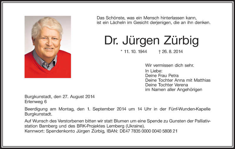  Traueranzeige für Jürgen Zürbig vom 28.08.2014 aus MGO