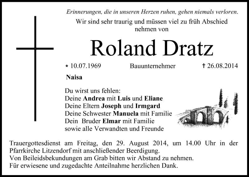  Traueranzeige für Roland Dratz vom 28.08.2014 aus MGO