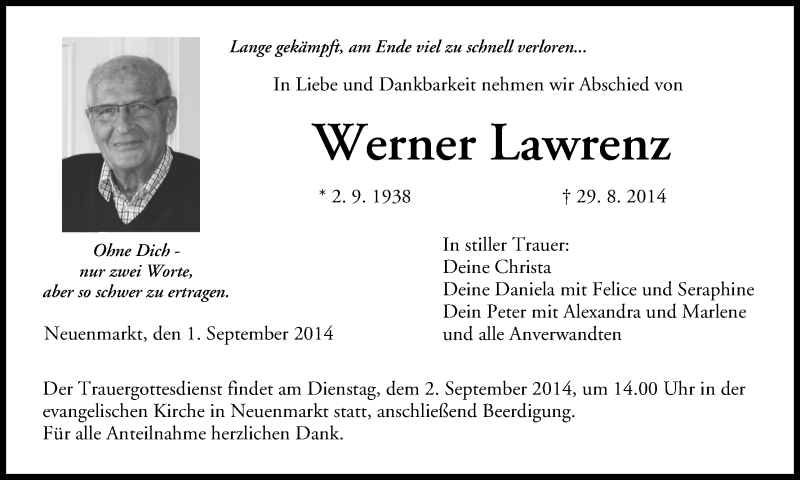  Traueranzeige für Werner Lawrenz vom 01.09.2014 aus MGO