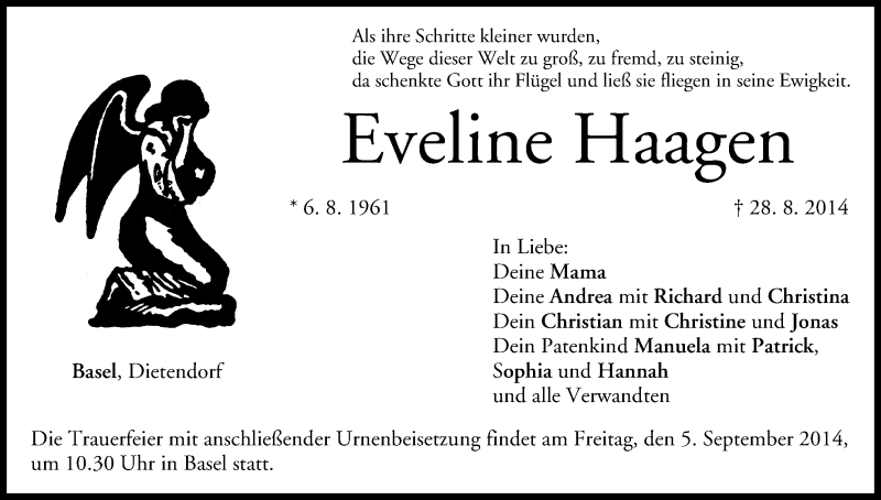  Traueranzeige für Eveline Haagen vom 01.09.2014 aus MGO