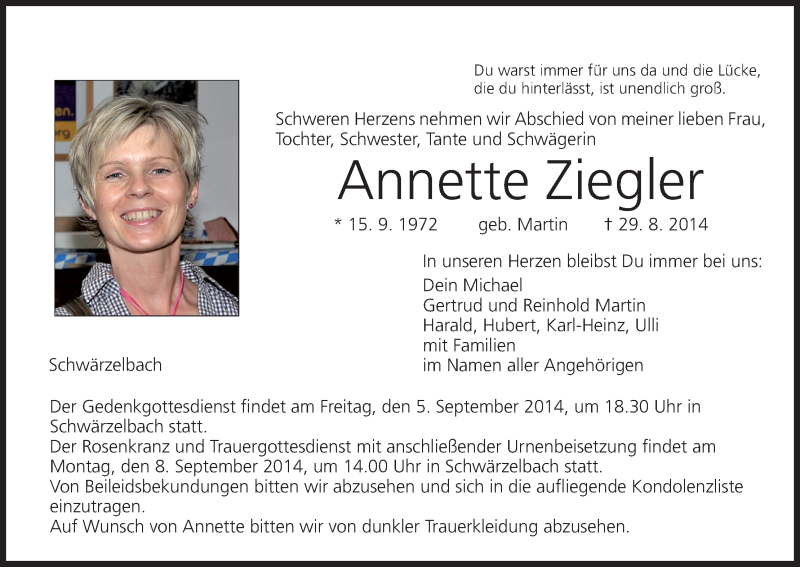  Traueranzeige für Annette Ziegler vom 03.09.2014 aus MGO