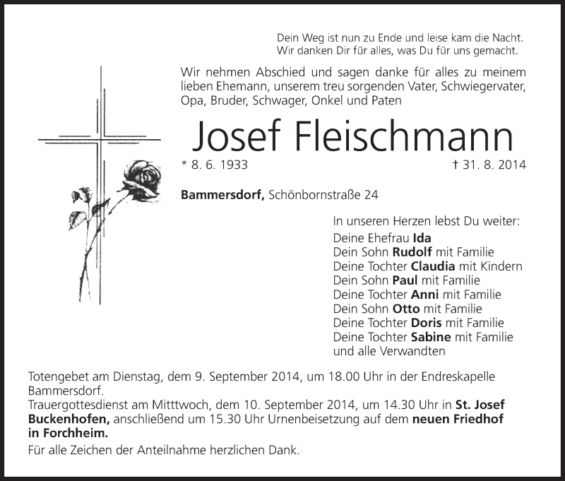  Traueranzeige für Josef Fleischmann vom 06.09.2014 aus MGO
