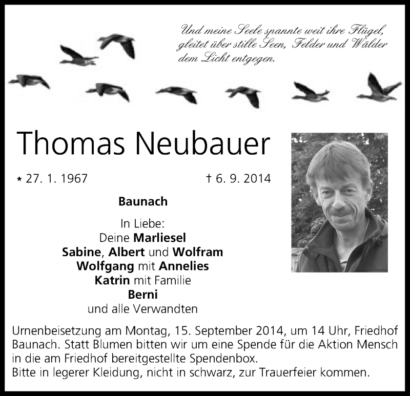  Traueranzeige für Thomas Neubauer vom 13.09.2014 aus MGO