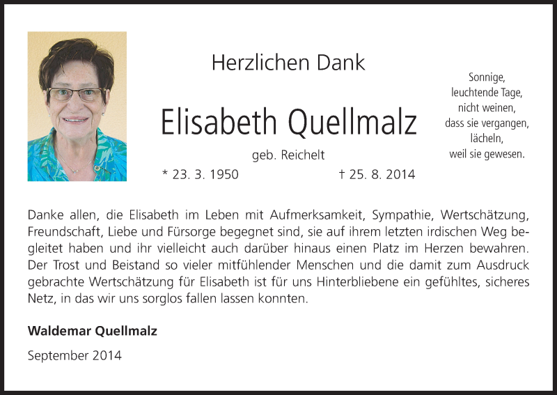  Traueranzeige für Elisabeth Quellmalz vom 17.09.2014 aus MGO
