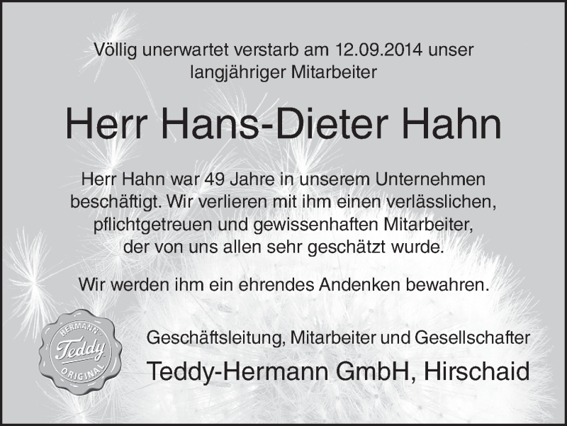  Traueranzeige für Hans-Dieter Hahn vom 20.09.2014 aus MGO