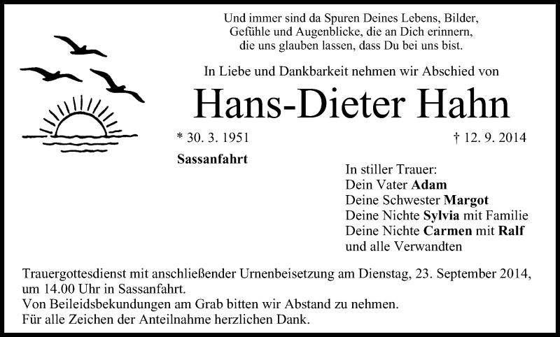  Traueranzeige für Hans-Dieter Hahn vom 20.09.2014 aus MGO