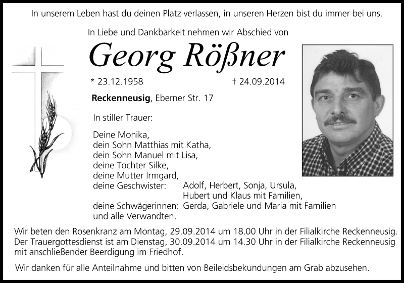  Traueranzeige für Georg Rößner vom 26.09.2014 aus MGO