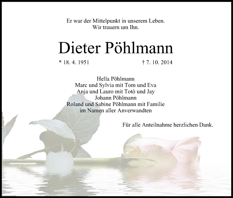  Traueranzeige für Dieter Pöhlmann vom 10.10.2014 aus MGO