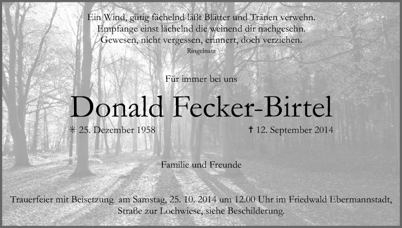  Traueranzeige für Donald Fecker-Birtel vom 22.10.2014 aus MGO