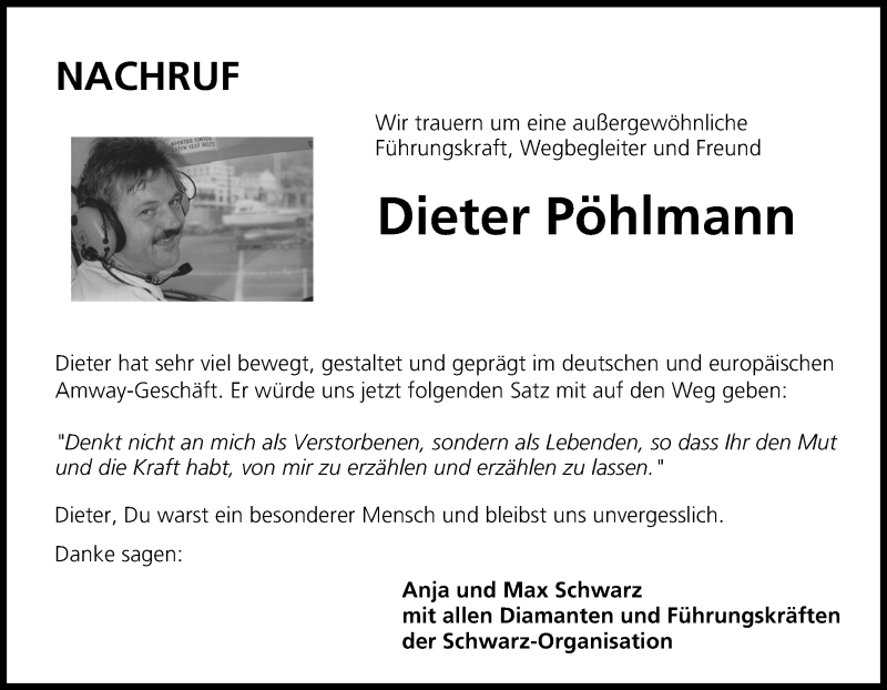  Traueranzeige für Dieter Pöhlmann vom 15.10.2014 aus MGO