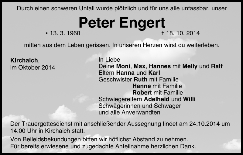  Traueranzeige für Peter Engert vom 22.10.2014 aus MGO