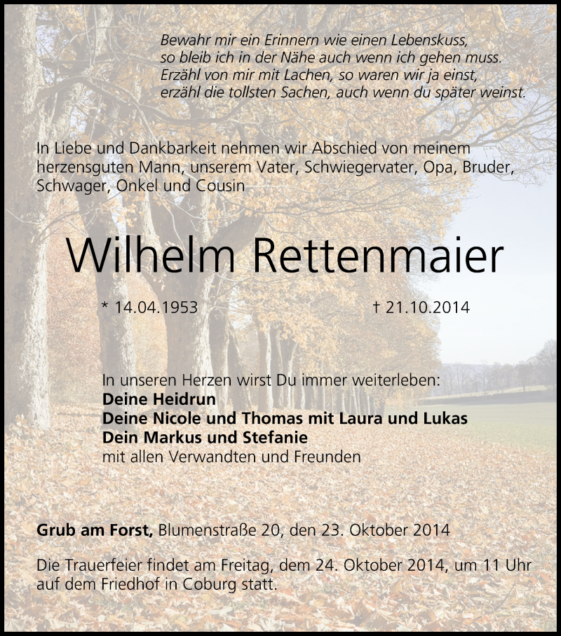  Traueranzeige für Wilhelm Rettenmaier vom 23.10.2014 aus MGO
