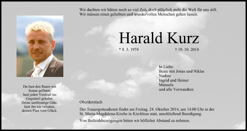  Traueranzeige für Harald Kurz vom 23.10.2014 aus MGO