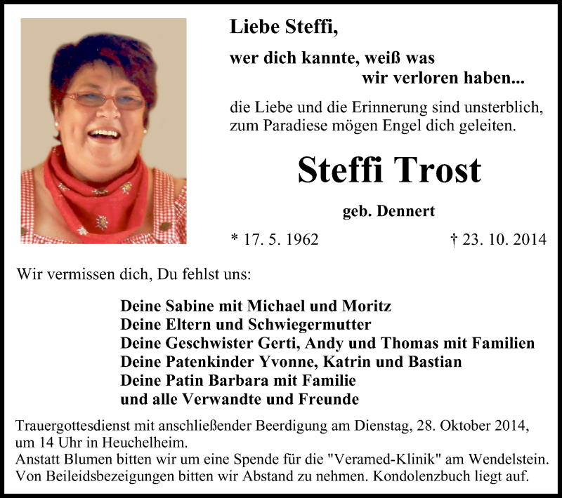 Traueranzeige für Steffi Trost vom 25.10.2014 aus MGO