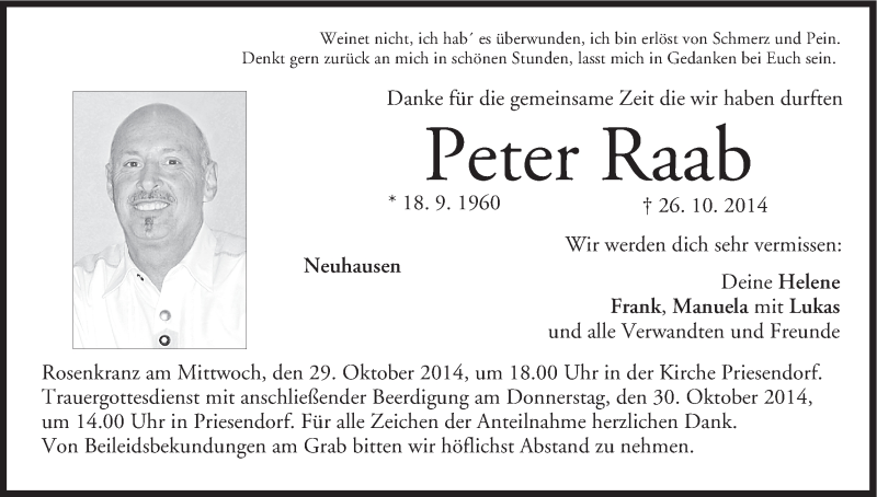  Traueranzeige für Peter Raab vom 29.10.2014 aus MGO
