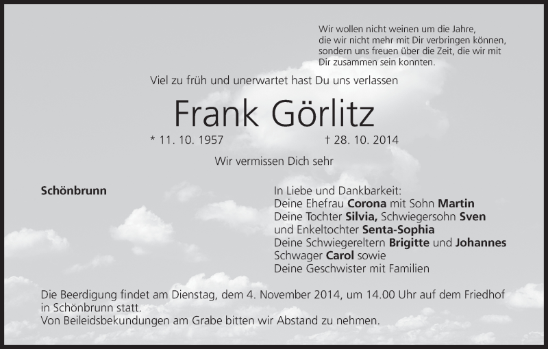  Traueranzeige für Frank Görlitz vom 31.10.2014 aus MGO