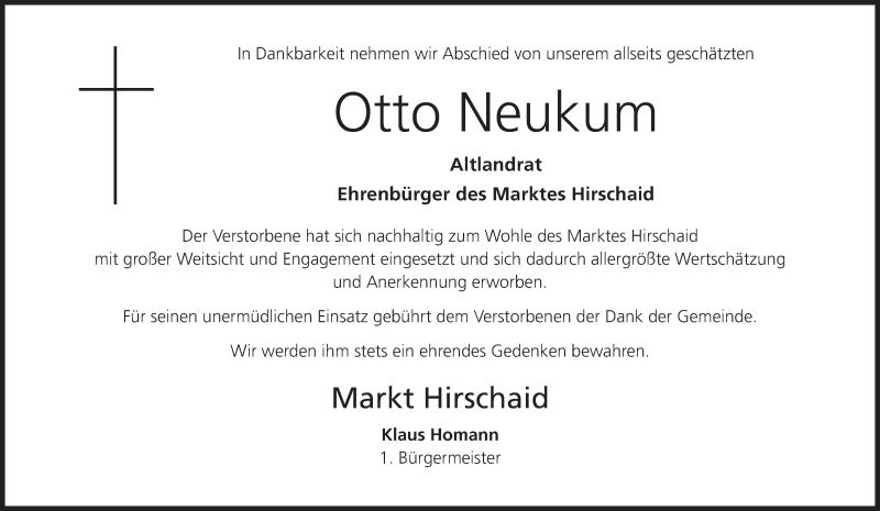  Traueranzeige für Otto Neukum vom 18.11.2014 aus MGO