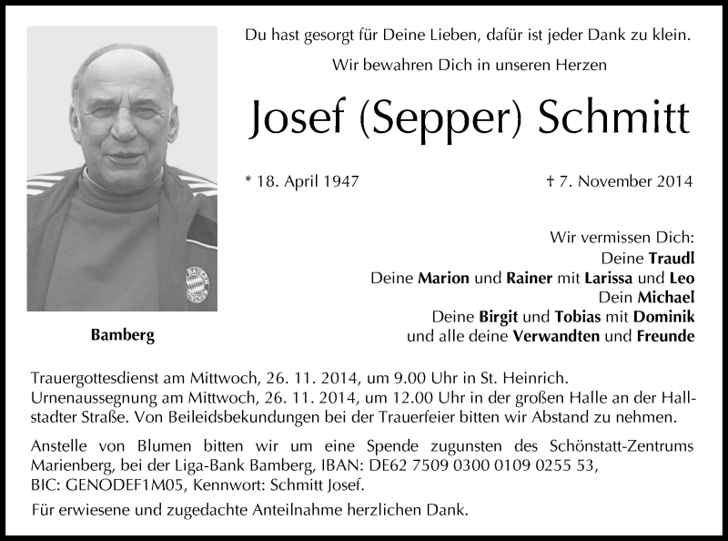  Traueranzeige für Josef Schmitt vom 24.11.2014 aus MGO