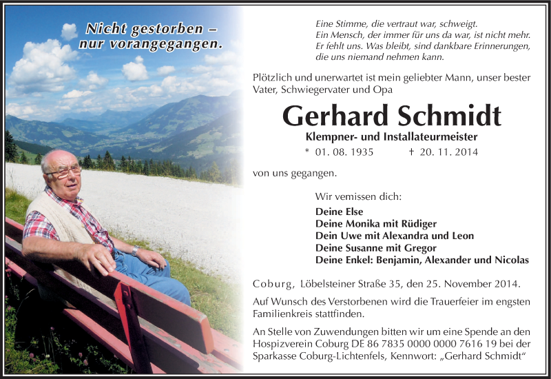  Traueranzeige für Gerhard Schmidt vom 25.11.2014 aus MGO