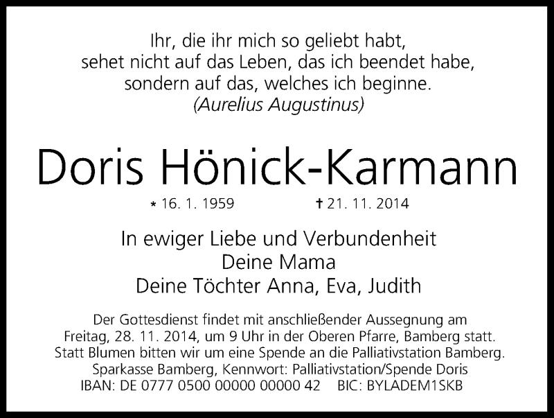  Traueranzeige für Doris Hönick-Karmann vom 25.11.2014 aus MGO