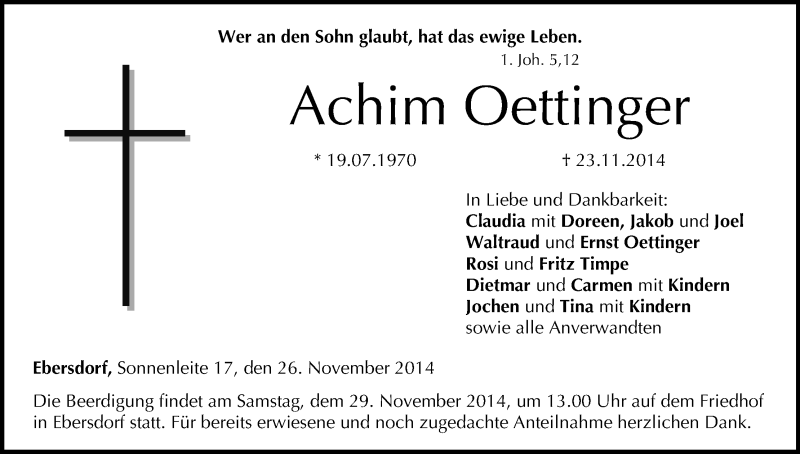  Traueranzeige für Achim Oettinger vom 26.11.2014 aus MGO