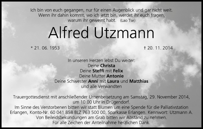  Traueranzeige für Alfred Utzmann vom 26.11.2014 aus MGO