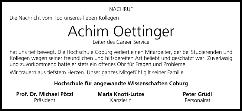  Traueranzeige für Achim Oettinger vom 27.11.2014 aus MGO