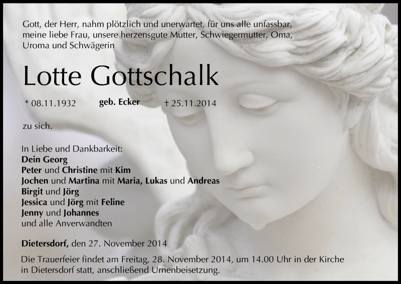  Traueranzeige für Lotte Gottschalk vom 27.11.2014 aus MGO