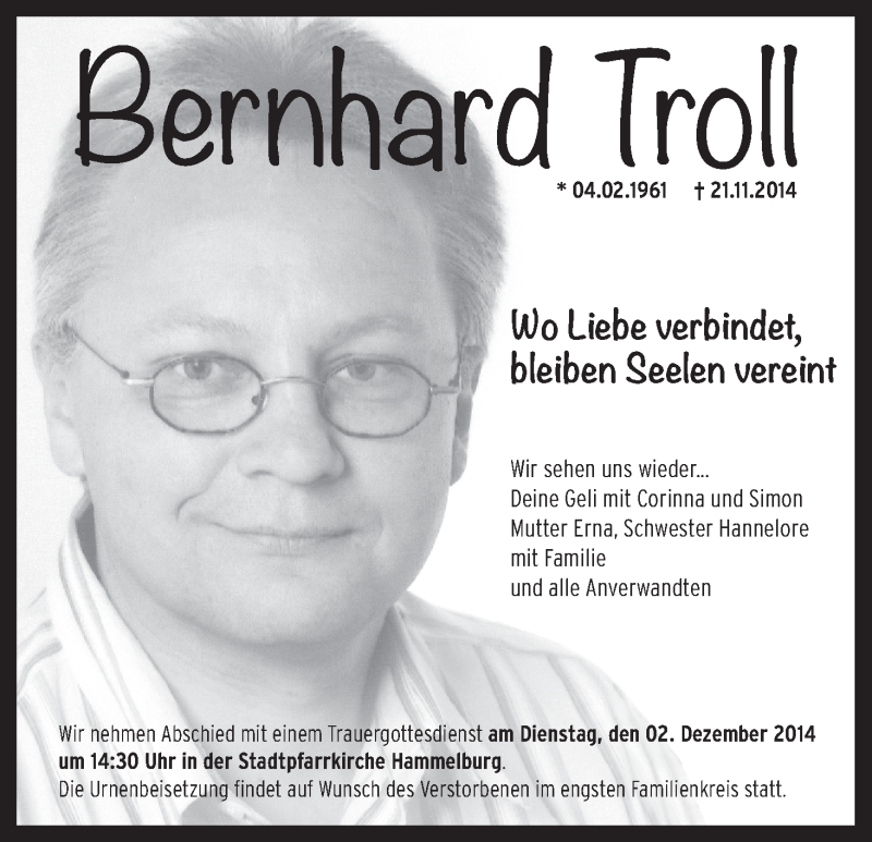  Traueranzeige für Bernhard Troll vom 27.11.2014 aus MGO