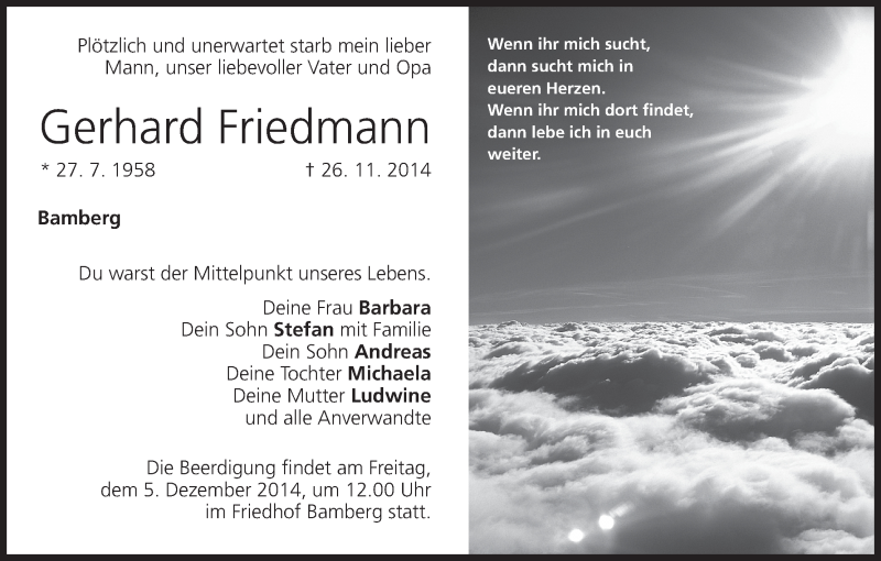  Traueranzeige für Gerhard Friedmann vom 04.12.2014 aus MGO