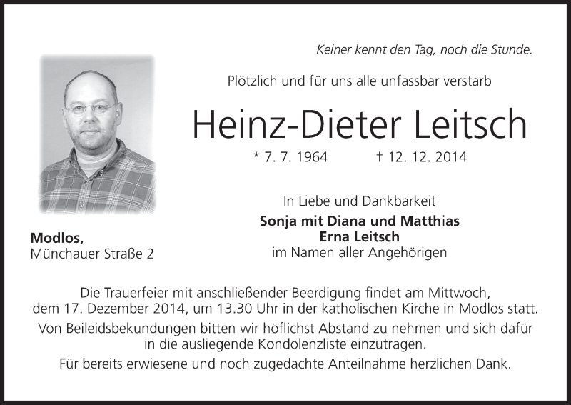  Traueranzeige für Heinz-Dieter Leitsch vom 15.12.2014 aus MGO