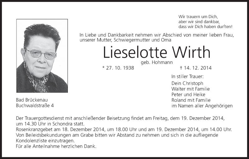  Traueranzeige für Lieselotte Wirth vom 16.12.2014 aus MGO
