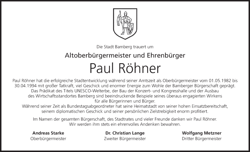  Traueranzeige für Paul Röhner vom 27.12.2014 aus MGO