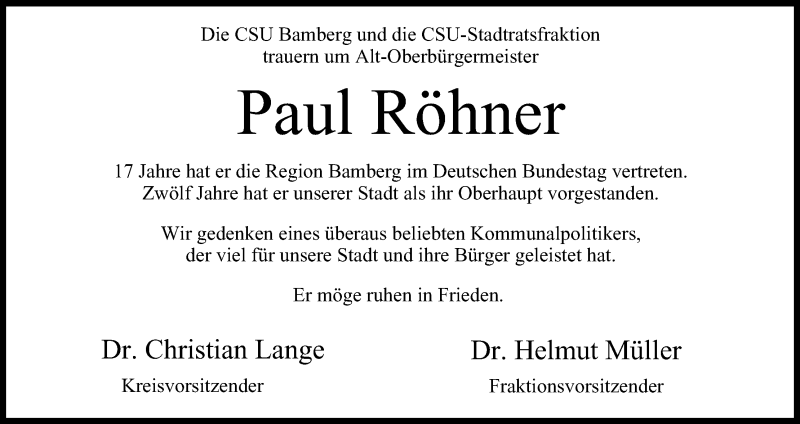  Traueranzeige für Paul Röhner vom 29.12.2014 aus MGO
