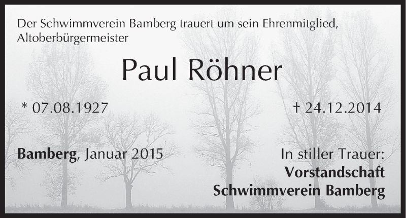  Traueranzeige für Paul Röhner vom 02.01.2015 aus MGO