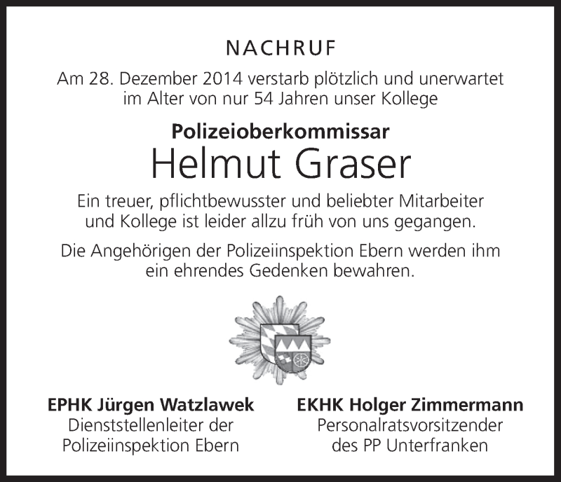  Traueranzeige für Helmut Graser vom 06.01.2015 aus MGO