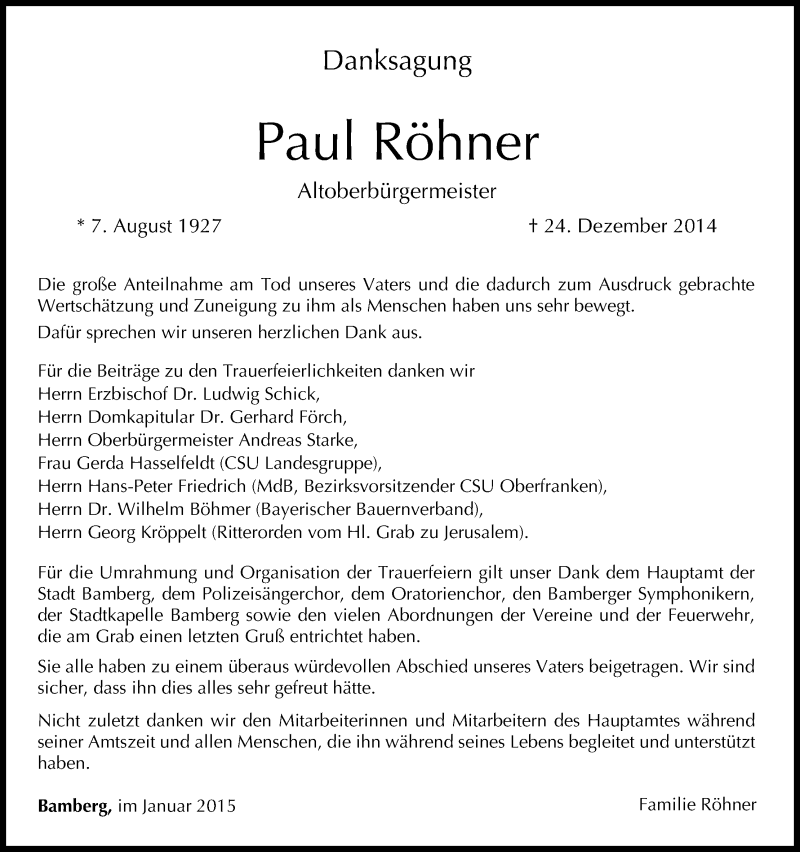  Traueranzeige für Paul Röhner vom 10.01.2015 aus MGO