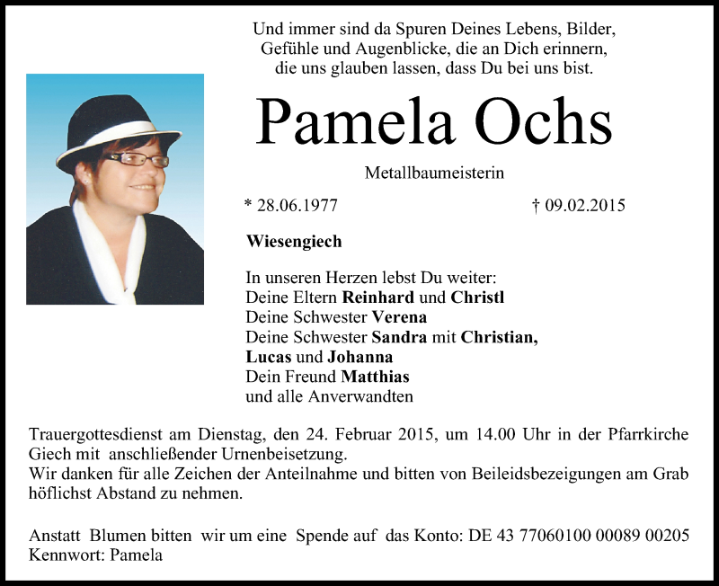  Traueranzeige für Pamela Ochs vom 21.02.2015 aus MGO