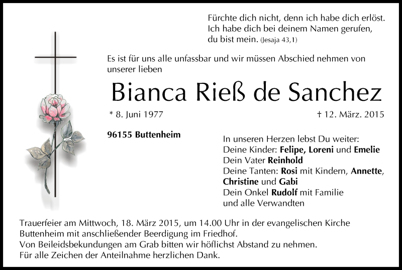  Traueranzeige für Bianca  Rieß de Sanchez vom 14.03.2015 aus MGO