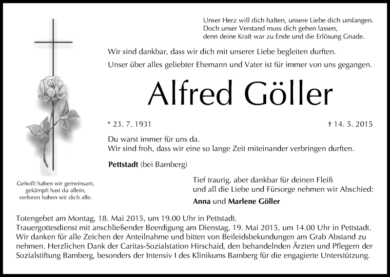  Traueranzeige für Alfred Göller vom 16.05.2015 aus MGO
