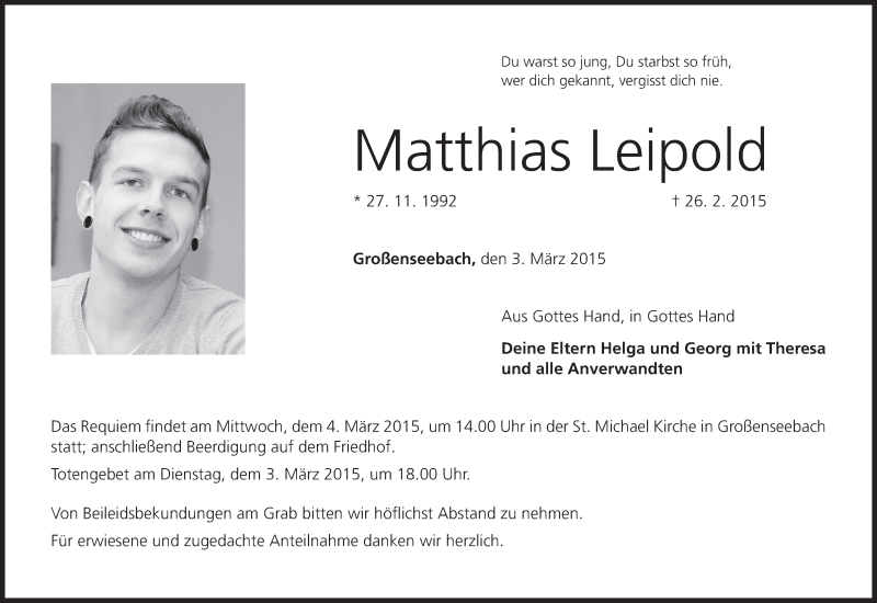  Traueranzeige für Matthias Leipold vom 03.03.2015 aus MGO