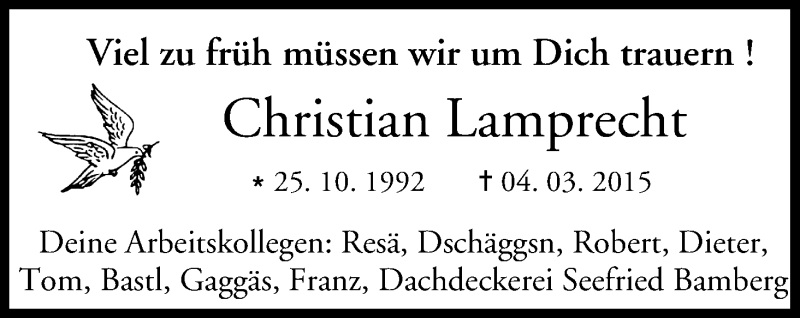  Traueranzeige für Christian Lamprecht vom 31.03.2015 aus MGO